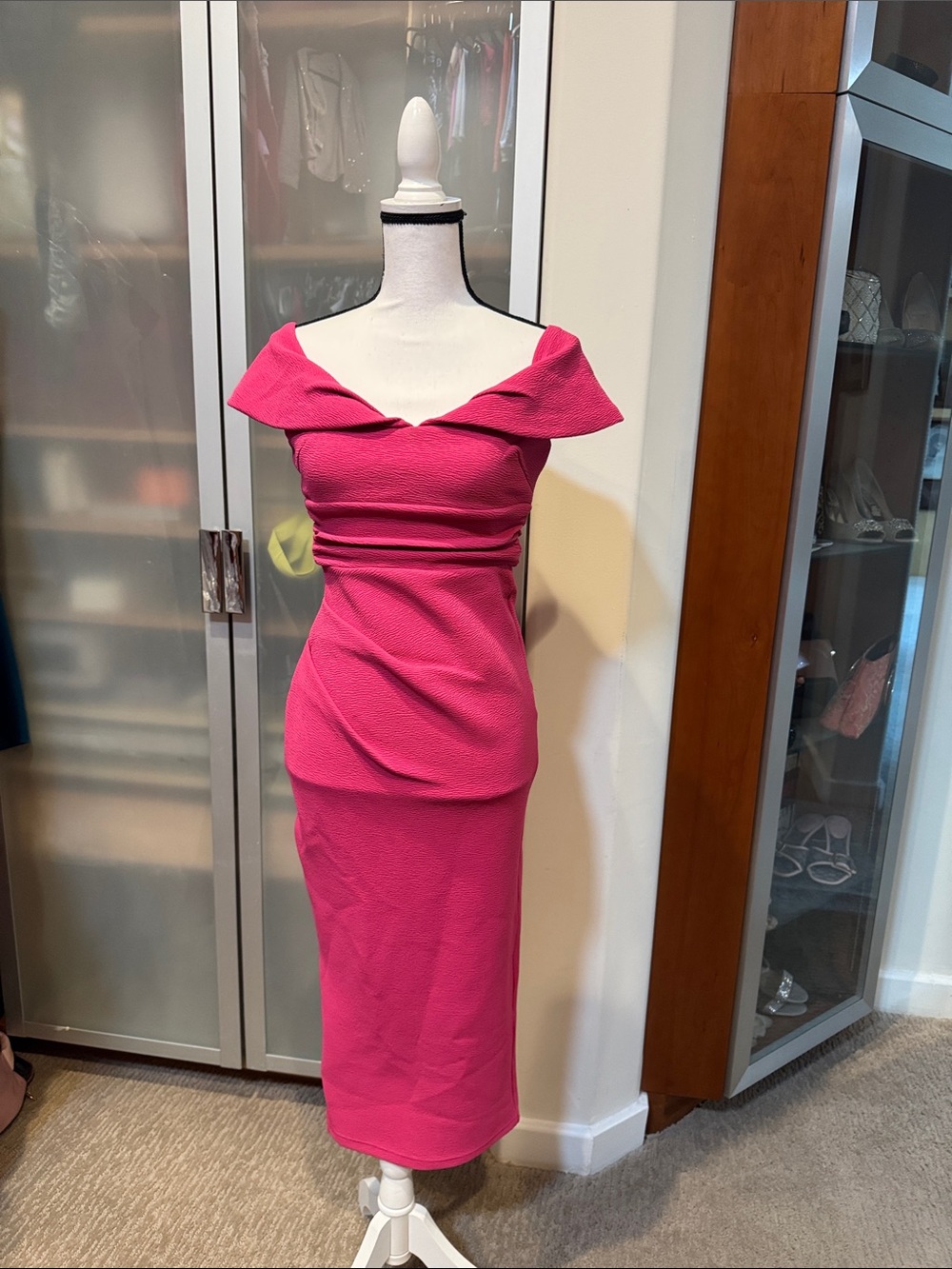 Off-Shoulder Fuchsia Midi Dress with Draped Bodice